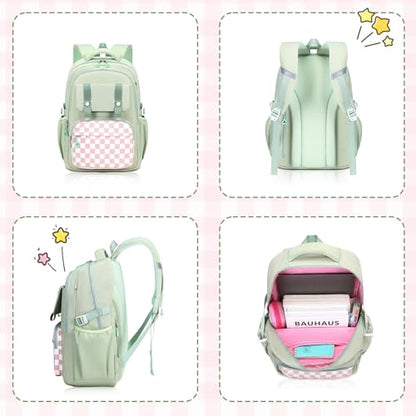 MUSEVOS Girls Backpack with Lunch Bag, Kindergarten Elementary Middle School Backpack, Multiple Compartments Large Capacity Kids Bookbag 3 Pcs Set (Green) - color: Green-3pcs Set
