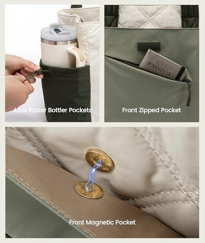 LOVEVOOK Tote Bag for Women, puffer tote bag for Work Travel Nurse, Lightweight quilted Bags with Compartments - color: M-15.6 Inch-cream-green