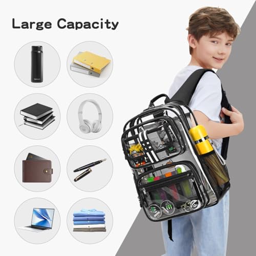 Cusangel Clear Backpack for kids,16in Heavy Duty Clear BookBag,TPU Large Capacity Black See Through bookbag for Stadiums,Concerts,Plastic transparente para mujer for 8Age+ - color: Black Clear 16in