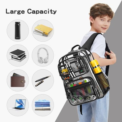 Cusangel Clear Backpack for kids,16in Heavy Duty Clear BookBag,TPU Large Capacity Black See Through bookbag for Stadiums,Concerts,Plastic transparente para mujer for 8Age+ - color: Black Clear 16in