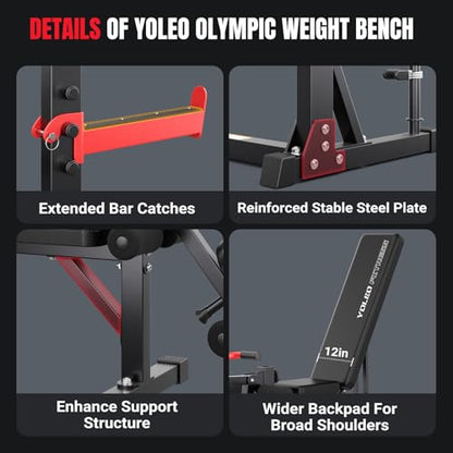 YOLEO Weight Bench with Rack - Bench Press Set, Leg Extension, Preacher Curl & Flat/Incline/Decline Full Body Workout Bench, Adjustable Olympic Weight Benches for Home Gym(47.44IN WIDE GRIP)