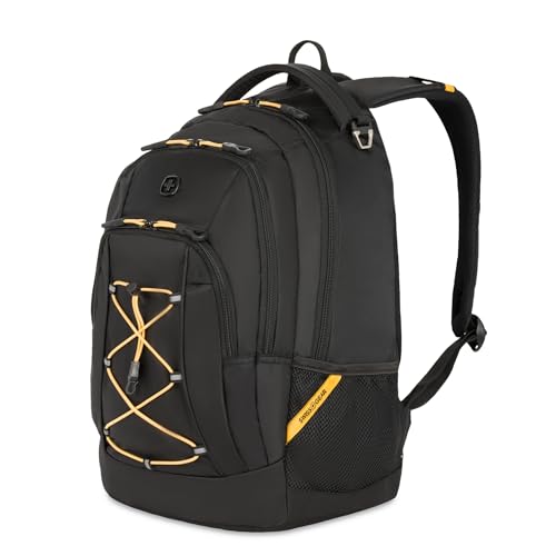 SWISSGEAR Bungee Core Laptop Backpack, Fits Most 13-Inch Laptops, Airflow Back Panel, Reflective Accents, and Bungee Cord System, Black, 26L, 17.25-Inch - color: Black/Gold