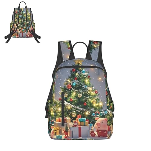 Travel Backpack for Women Men Christmas Tree and Piggy Daypack 15 inch Lightweight Computer Bag Casual Back Pack - color: Christmas Tree and Piggy