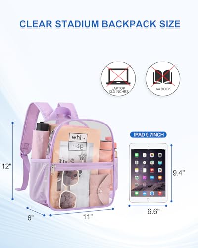 Clear Backpack for Stadium Events, 12x12x6 Small Clear Plastic bag with Reinforced Straps for Game Security Festival Concert - color: Light Purple