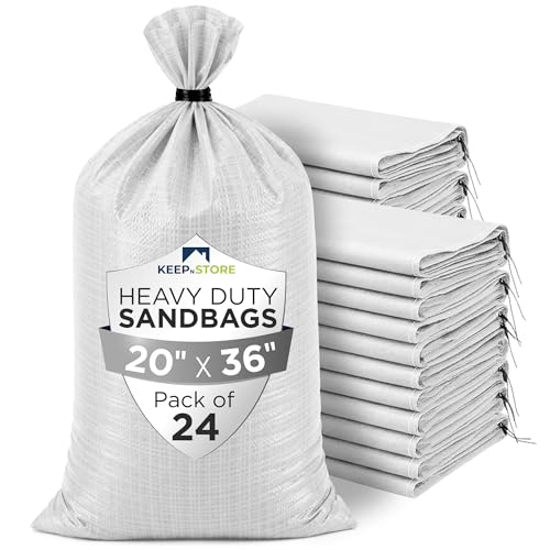 Heavy Duty Sand Bags Pack of 24, White Empty Sandbags with Built-In Ties, Woven Polypropylene UV Protection 1600 Hours, Fillable Bags for Flood Control, Weight, 20x36 inches, 100 Pounds Volume - size: 20"W x 36"L, style: Pack of 24