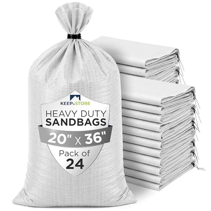 Heavy Duty Sand Bags Pack of 24, White Empty Sandbags with Built-In Ties, Woven Polypropylene UV Protection 1600 Hours, Fillable Bags for Flood Control, Weight, 20x36 inches, 100 Pounds Volume - size: 20"W x 36"L, style: Pack of 24