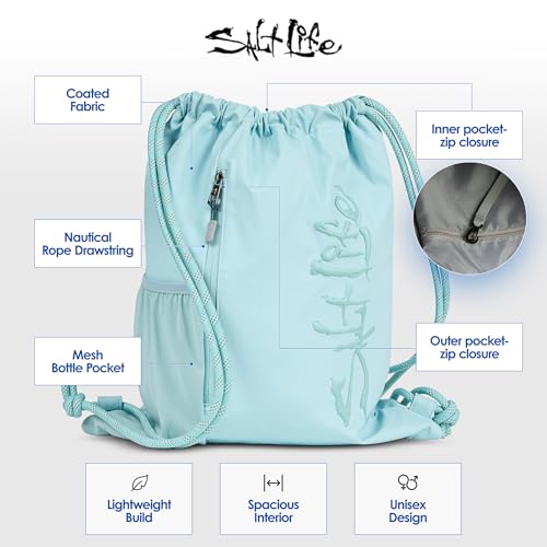 Salt Life Drawstring Backpack for Men and Women - Small Draw String Cinch Gym Bag with Water Bottle Pocket and Zipper Pocket - color: Retro Blue