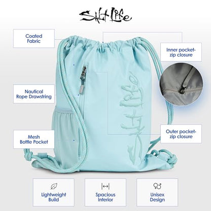Salt Life Drawstring Backpack for Men and Women - Small Draw String Cinch Gym Bag with Water Bottle Pocket and Zipper Pocket - color: Retro Blue