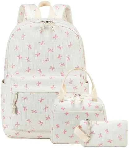 Bluboon School Backpack Set Girls Womens Laptop Bookbag Casual Daypack Fits 15 inch Laptop with Lunch Tote Bag and Pencil Bag - color: Pink Bow Polka Dot Beige