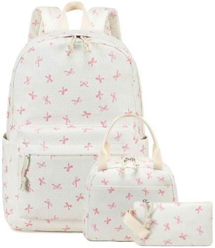Bluboon School Backpack Set Girls Womens Laptop Bookbag Casual Daypack Fits 15 inch Laptop with Lunch Tote Bag and Pencil Bag - color: Pink Bow Polka Dot Beige