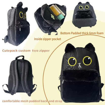 Kawaii Black Cat School Backpack with Cute Fur 3D Face Fluffy Casual Aesthetic Bookbag Simple Laptop Backpack Waterproof Daypack for Women Men (Black Cat) - style: Kawaii Black Cat Backpack