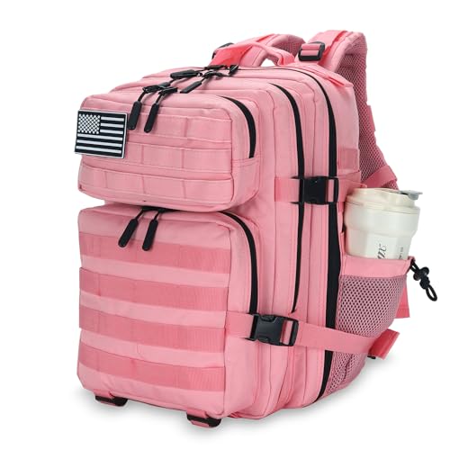 Lovelinks21 25L Tactical Backpack for Men and Women Military Backpack Small Assault Pack Molle Backpack Bug Out Bag Travel Rucksack Daypack (Pink) - color: Pink