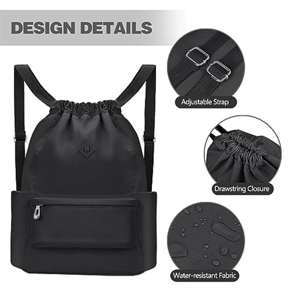 BAVELOE Drawstring Backpack with Wet Pocket Gym Backpack Water-Resistant Cinch String Bag Beach Swim for Women Men - color: Pure Black