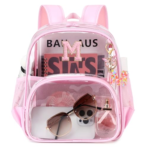 PIG PIG GIRL Clear Backpacks for Stadium Events Approved 12×6×12 Clear Bookbag for Women Mini Transparent Letter Back Pack, Pink, Letter-M - color: Pink, style: M