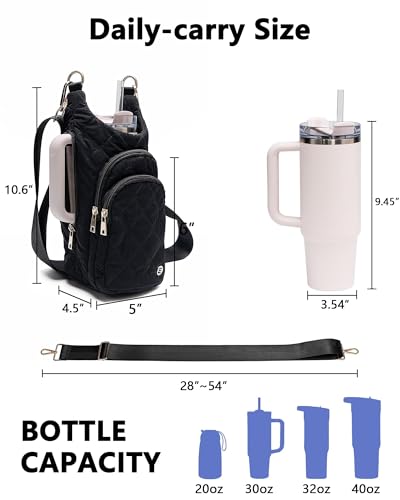 Water Bottle Holder with Strap for 30/32 oz, Crossbody Water Bottle Carrier Bag with RFID Blocking Phone Pocket - color: Black Diamond Quilted