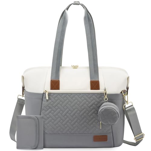 LOVEVOOK Diaper Bag Tote, Baby Diaper Bag Waterproof Travel Diaper Tote with Changing Pad - color: Gray/Beige/Brown