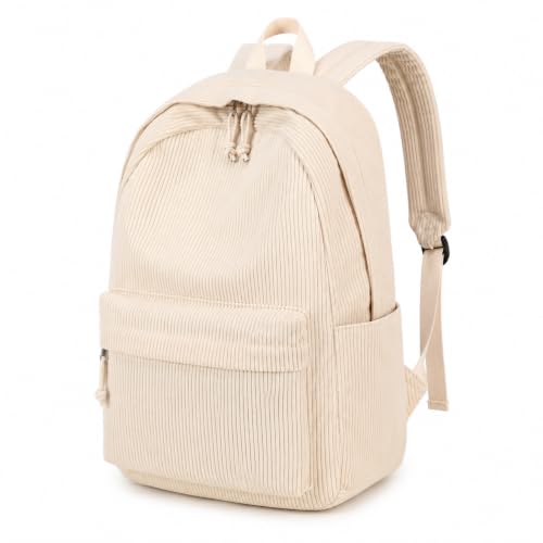 BTOOP School Backpack for Teens Large Corduroy Bookbag Lightweight 15.6 inch Laptop Bag for Girls Women Casual High School College - color: Beige