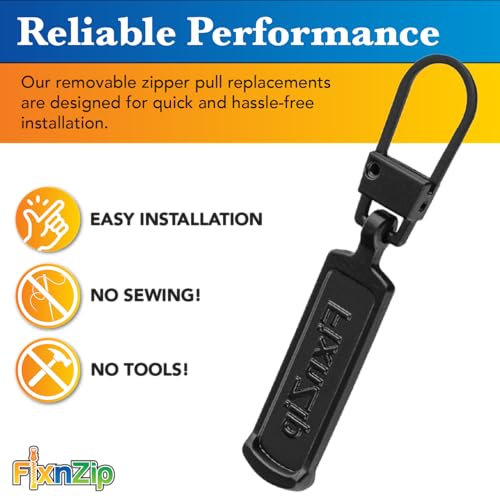 FixNZip Medium to Large Black Zipper Pull Replacements (4-Pack) | Universal Clip-On Pull Tabs for Zipper Repair, Sliders & Luggage, Jackets, Backpacks, Tents, Sleeping Bags & Outdoor Gear - color: Black