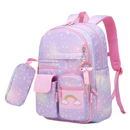 School Backpack for Girls Rainbow Backpack Cute Backpack for Back to School Laptop Travel Bag With pencil Case for Travel Camping Hiking (Purple Set) - color: Purple Set
