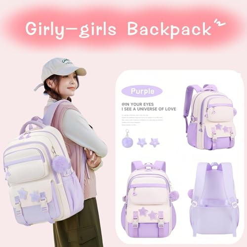 3Pcs Kids Backpack for Girls, Teen Girls Backpack Set with Tote Bag for Elementary Middle School Kids, with Star Pins and Furry Pendant, A08-3Pcs Purple - color: A08-3pcs Purple