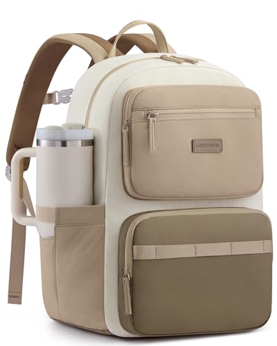LOVEVOOK Laptop Backpack for Women, School Backpack for Teen Girls with Large Cup Holder, Lightweight Bookbag for College,Work,Travel fits 15.6 Inch Laptop,Beige-Khaki - color: Beige-khaki-a, size: 15.6 Inch