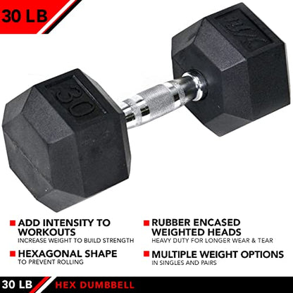 JFIT Rubber Hex Dumbbell - style: 30lb (Single)