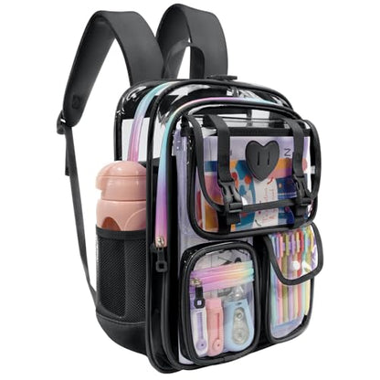 Clear Backpack for Girls Women Heavy Duty Transparent Bookbag School Backpack with Mesh Pockets Stadium Approved See Through Backpack (Black) - color: Black
