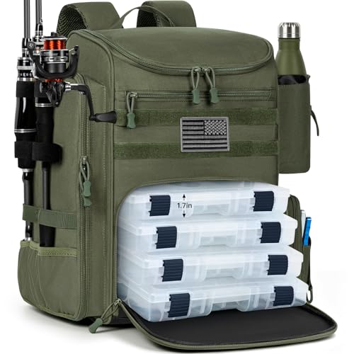 40L Fishing Backpack Water Resistant Fishing Tackle Bag with 2 Rod Holders, Tackle Storage Bag for Anglers(Green Bag Only) - color: Green