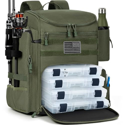 40L Fishing Backpack Water Resistant Fishing Tackle Bag with 2 Rod Holders, Tackle Storage Bag for Anglers(Green Bag Only) - color: Green