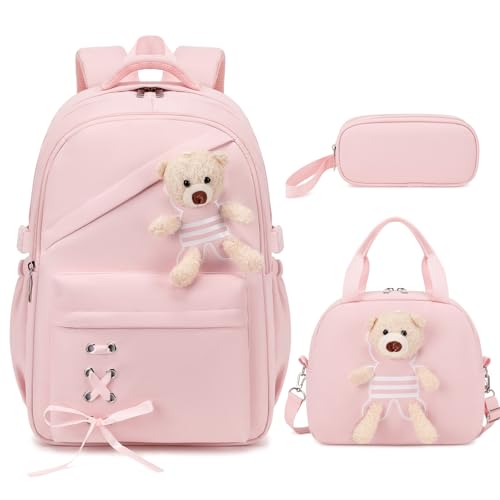 ACESAK School Backpack for Girls - 3 PCS Cute Girls Backpack with Lunch Box & Pencil Case - Kawaii Casual Kids Bookbag School Bag Daypacks Set for Elementary Middle High School Student Teens (Pink) - color: Pink