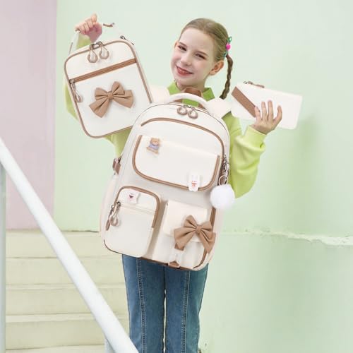 ACESAK Girls Backpack - 3PCS Backpack for Girls Cute School Backpacks for Girl Kindergarten Elementary Preschool Middle Kids School Bags with Lunch Box Pencil Case Set (Beige khaki) - color: Beige Khaki