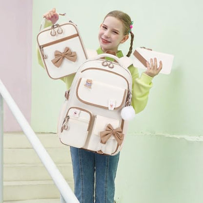ACESAK Girls Backpack - 3PCS Backpack for Girls Cute School Backpacks for Girl Kindergarten Elementary Preschool Middle Kids School Bags with Lunch Box Pencil Case Set (Beige khaki) - color: Beige Khaki