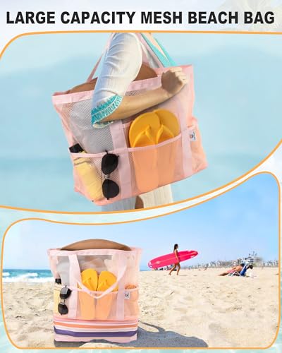CaCTOUR Beach Bag with Cooler Compartment,Mesh Beach Bag Dry Wet Detachable with Zipper Pockets,Waterproof Sandproof Pool Bag - color: Pink