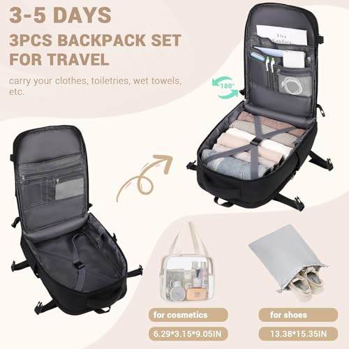 MOONBABY Travel Backpack for Women Men Carry On Flight Approved 3pcs Set Personal Item Travel Bag With Luggage Strap - color: Black-3pcs