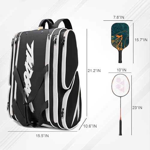 TILDOSAC Pickleball Bag - Large Paddle Bag for 4 Paddles & Accessories - Fence Hook, Extra Pockets, Shoe Compartment - color: Blcak-White