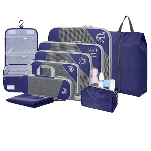9-Set Packing Cubes with Hanging Bag | 9-Size Combination, Mesh Fabric & Reflective Stripe | Travel Luggage Organizers (Navy) - color: Navy