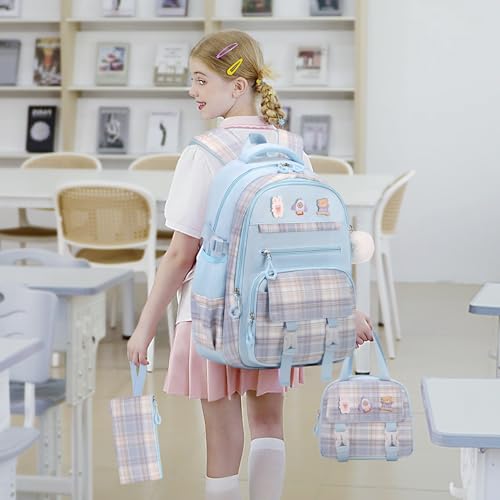 FIXITOK 3PCS School Backpack for Girls, Girls Backpack with Lunch Box, Pencil Case, Cute Kawaii Plaid Book Bag for Teen Girl Kindergarten Elementary Preschool Middle High School, Blue - color: Blue