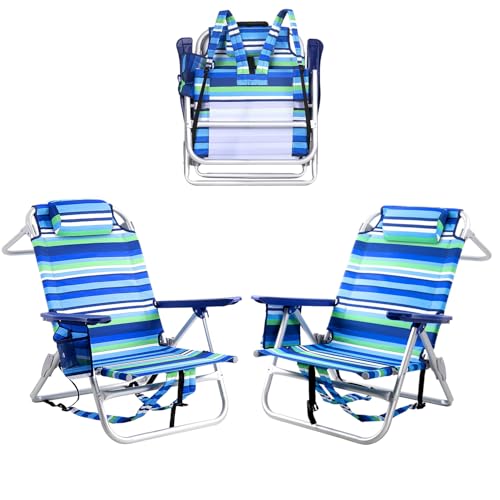 PRETZI Backpack Beach Chairs for Adults - Folding Heavy Duty Camping Chair with Storage Pouch, Cup Holder & Towel Rack, Adjustable Lounge Chair for Outdoor,Travel (2packs /Stripes_Blue&Green) - color: Stripes_blue&green, size: 2 packs