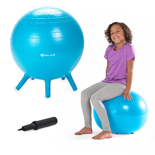 Gaiam Kids Stay-N-Play Children's Balance Ball - Flexible School Chair Active Classroom Desk Alternative Seating Built-In Stay-Put Soft Stability Legs, Includes Air Pump - color: Blue, size: 52cm