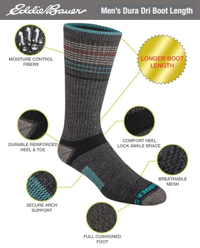 Eddie Bauer Men's Dura Dri Moisture Control Crew Socks (6 & 12 Packs) - color: Boot Length Fashion Black Assorted (6 Pairs)