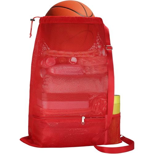 NATURAL STYLE Large Mesh Swim Beach Bag, Mesh Drawstring Gym Bag for Athletic Gym Sports Gear Workout Storge Beach Swiming (Red) - color: Red
