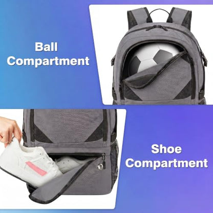 Soccer Backpack with Seperate Compartment, Water Resistant Sport Bags fit for Basketball, Volleyball, Football - color: Grey