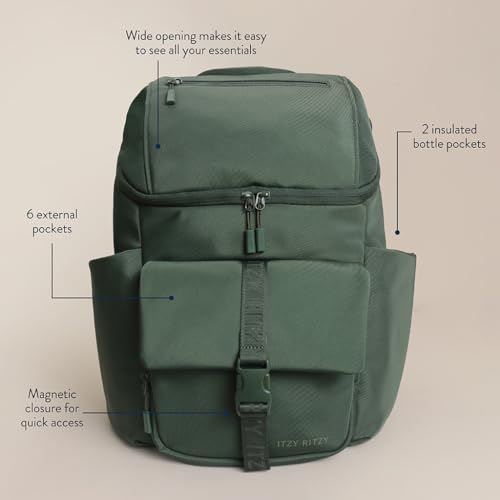 Itzy Ritzy Belong Bucket Backpack – Lightweight Diaper Bag Backpack Featuring 16 Pockets, Bucket Top Opening, Stroller Straps & Changing Pad – Organized and Stylish Everyday Family Backpack (Green) - color: Hunter Green