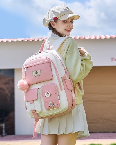 Hidds Laptop Backpacks 15.6 Inch School Bag Elementary Middle High College Backpack Cute Bookbags Anti Theft Travel Back Pack Casual Daypack Kids Book Bag for Teens Girls Women Students-Pink Beige - color: Pink Beige