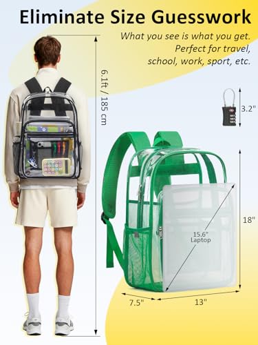 Clear Backpack Heavy Duty With A TSA Lock, 18 Inch Large Clear Back pack, Transparent See Through Bookbag for College, Work, Travel, Sport- Green - color: Green