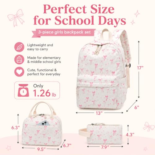 BTOOP School Backpacks for Teen Girls Bookbags Lightweight Kids Backpack School Bags Set with Lunch Box Pencil Case - color: A-pink Bow