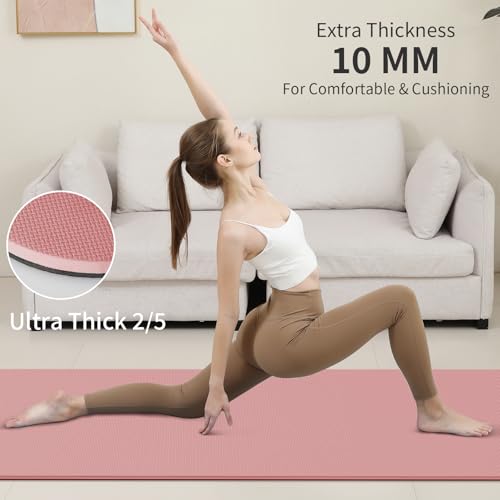 PAIDU Yoga Mat Non Slip Anti-tear,extra thick-2/5 inch（10MM）High Resiliency Professional POE Yoga Mats for Women Men Kids,72"x24"inch,Workout, Yoga, Pilates and Floor Exercise, with Carrier Strap - color: Pink + black