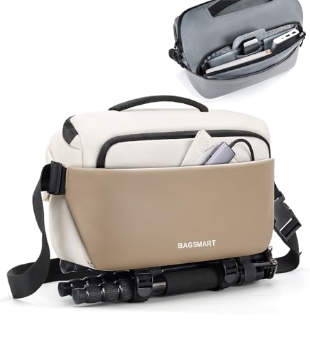 BAGSMART Camera Sling Bag, Small Camera Bags for Photographers with Tripod Holder, Waterproof DSLR/SLR/Mirrorless Camera Bags Crossbody with Rain Cover, Compatible with Canon Sony Nikon, Beige - color: Beige