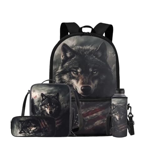 American Flag Wolf Backpack for Kids Boys Backpack with Lunch Box Water Bottle Bag and Soft Pencil Case 4PCS Set Bookbag with Front Pocket for School 17" Sturdy School Bag with Side Pocket - color: American Flag Wolf