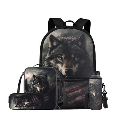 American Flag Wolf Backpack for Kids Boys Backpack with Lunch Box Water Bottle Bag and Soft Pencil Case 4PCS Set Bookbag with Front Pocket for School 17" Sturdy School Bag with Side Pocket - color: American Flag Wolf